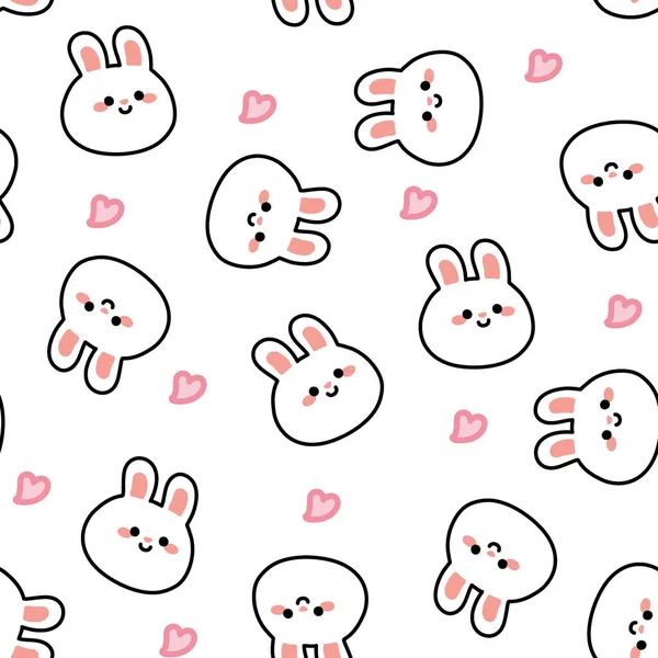 Seamless Pattern Cute Face Rabbit Heart White Background Easter Animal — 图库矢量图片