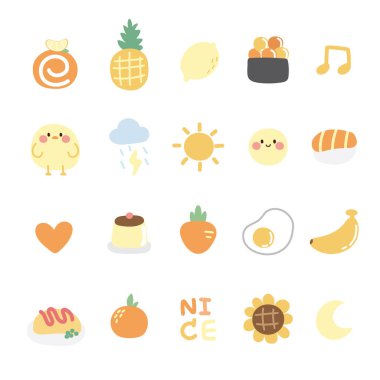 Set of cute icon cartoon in orange color concept.Animal,fruit,food,nature hand drawn.Kawaii collection.Vector.Illustration.