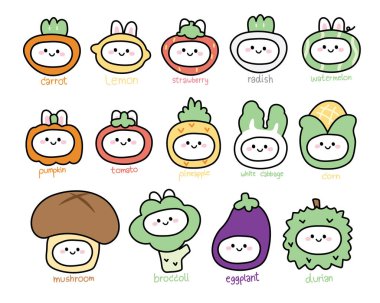 Set of cute head rabbit in fruit and vegetable cartoon.Funny animal character design collection.Kid graphic.Kawaii.Vector.Illustration.