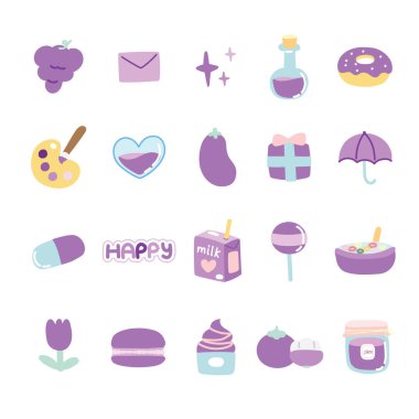 Set of cute icon in purple color concept.Cartoon hand drawn.Fruit,dessert,flower doodle.Kawaii.Vector.Illustration.