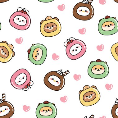 Seamless pattern of  cute animal in ice cream head costume with heart on white background.Funny cartoon character design.Repeat.Kawaii.Vector.Illustration.