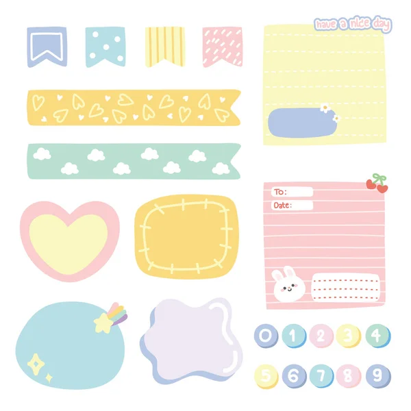Set Cute Paper Note Pastel Color Stationary Collection Paper Tape — Stock Vector