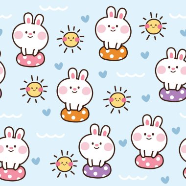 Seamless pattern of cute rabbit swim on pool background.Summer.Fun time.Bunny and sun hand drawn.Animal character design.Kawaii.Vector.Illustration.