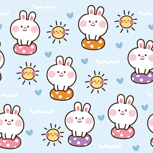 Seamless Pattern Cute Rabbit Swim Pool Background Summer Fun Time — Vector de stock