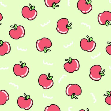 Seamless pattern of cute apple on green background.Fruit cartoon hand drawn.Image for card,poster,baby clothing.Kawaii.Vector.Illustration