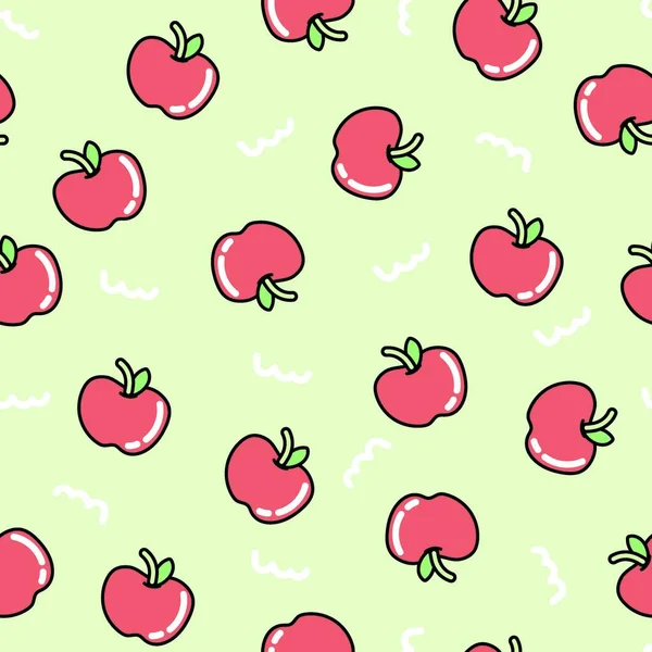 Seamless Pattern Cute Apple Green Background Fruit Cartoon Hand Drawn — Stockvector