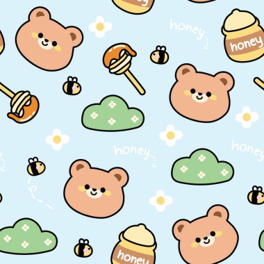 Spring.Forest.Wild life.Seamless pattern of cute bear with bee,honey,flower cartoon on blue background.Flat design.Baby clothing.Kawaii.Vector.Illustration.