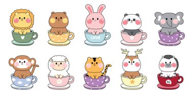 Set of cute animals sit in cup cartoon on white background.Wild animal character design collection.Lion,bear,rabbit,panda,elephant,monkey,sheep,tiger,deer,zebra hand drawn.Kawaii.Vector.Illustration.
