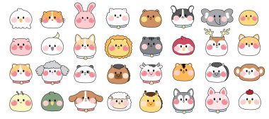 Set of cute face wild animal and pet cartoon hand drawn.Animals character design.Kid graphic.Image for card,poster,sticker,baby clothing.Kawaii.Vector.Illustration.