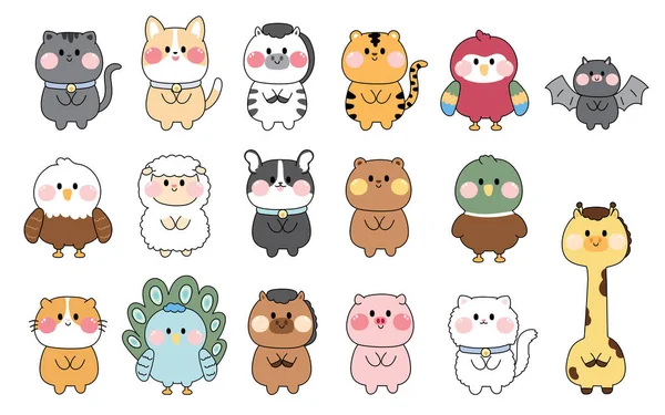 Set of cute wild animal hand drawn stand on white background.Pet cartoon collection.Farm animals.Isolated.Kawaii.Vector.Illustration.