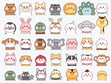 Big set of cute animals half body.Cartoon character design.Farm,pet,bird,wild animal hand drawn collection.Isolated.Kawaii.Vector.Illustration.