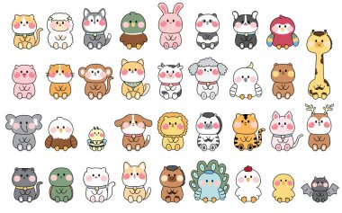 Big set of cute animals sit on white background.Pet,bird,wild,farm animal hand drawn collection.Kid graphic.Isolated.Kawaii.Vector.Illustration.