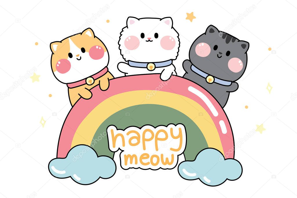 Cute cat on rainbow with happy meow text cartoon on sky background.Pet character design.Image for card,poster,children shirt screen.Kawaii.Vector.Illustration.
