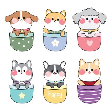 Set of cute various dog stay in pocket.Pet cartoon hand drawn.Animal character design.Image for card,poster,baby clothing.Isolated.Kawaii.Vector.Illustration.