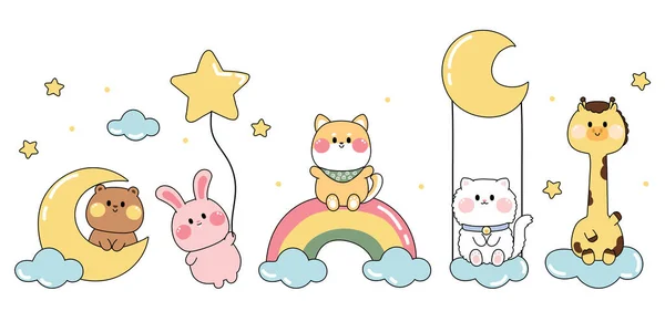 Set Cute Animal Sky Concept Bear Cat Moon Rabbit Hold — Stok Vektör