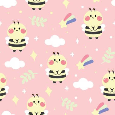 Seamless pattern of cute bee on pink background.Sky,rainbow,star,leaf hand drawn.Animal.Pastel.Baby clothing screen.Kawaii.Vector.Illustration.