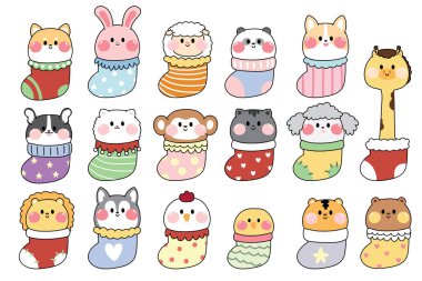 Set of cute animals in sock cartoon.Cute character design.Wild animal,pet,farm hand drawn collection.Christmas concept.Kawaii.Vector.Illustration.