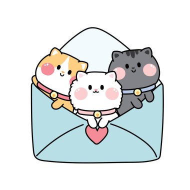 Cute cat in letter cartoon hand drawn.Paper mail.Animal character design.Image for card,poster,sticker,baby tshirt.Isolated.Kawaii.Vector.Illustration.
