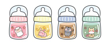 Set of cute animal stay in baby milk bottle cartoon.Graphic design.Strawberry,lemon,chocolate,green tea flavor.Kawaii collection.Vector.Illustration.