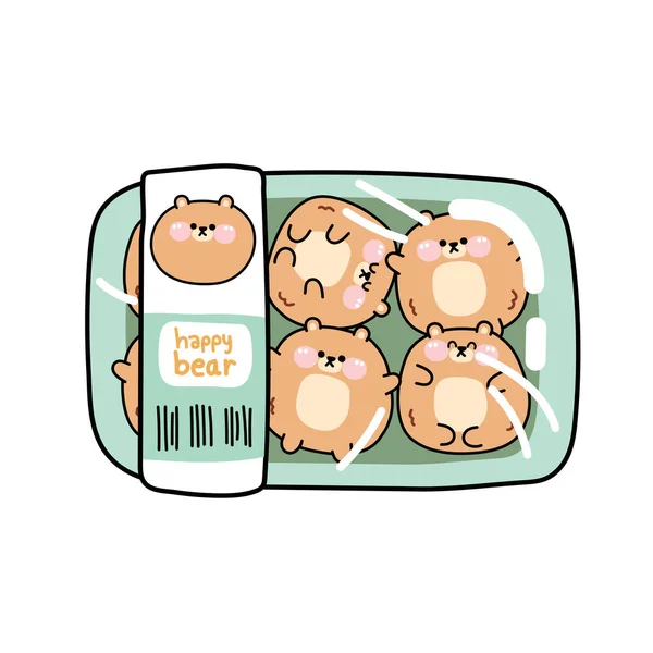 Cute Chubby Teddy Bear Cartoon Plastic Pack Shopping Market Concept — Stok Vektör