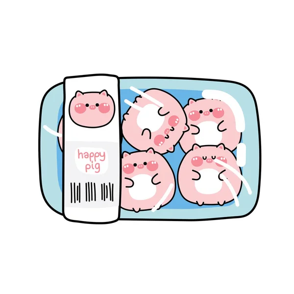 Cute Chubby Pig Cartoon Plastic Pack Shopping Market Concept Funny — Image vectorielle