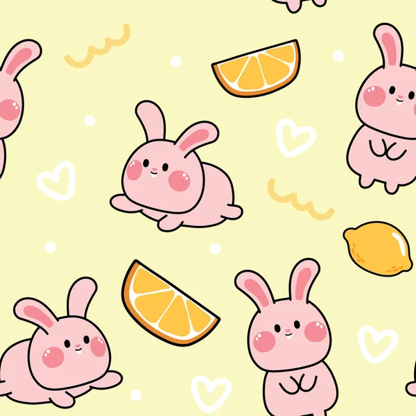 黄土上有柠檬的可爱兔子的无缝隙图案 动物人物形象卡通设计 Juice Frui Kawaii Vector Illustration — 图库矢量图片