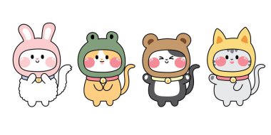 Hayvan kostümlü şirin kedi seti. Hayvan karakter tasarım koleksiyonu. Tavşan, kurbağa, ayı, köpek eli çizimi. Miyav. Maskot.