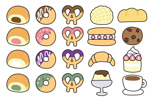Conjunto Lindo Icono Panadería Cartoon Kawaii Postre Collection Donut Pan — Archivo Imágenes Vectoriales