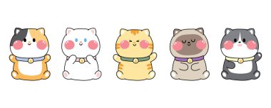 Sevimli kediler beyaz arka planda oturur. Evcil hayvan karakteri çizgi film dizaynı. Hayvan el yapımı koleksiyon. Mutlu miyav..