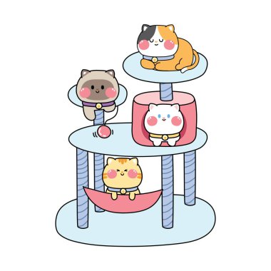 Kedi evi çizgi filmi çizimi. Hayvan karakteri tasarımı. Evcil hayvan oyuncağı. Miyav evi. İzole edilmiş..