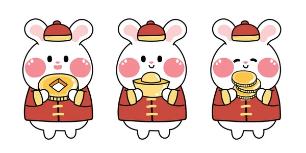 Набір Милих Кроликів Китайському Одязі Тримає Золотий Мультфільм Колекція Дизайну — стоковий вектор