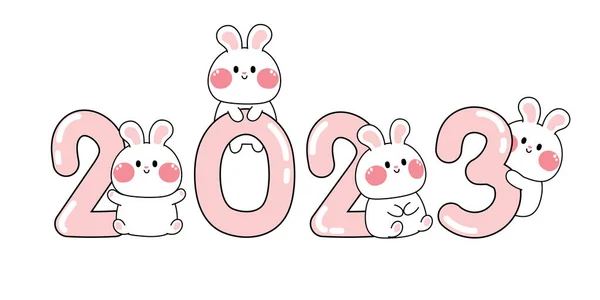 Feliz Ano Novo 2023 Com Bonito Coelho Cartoon Animal Personagem —  Vetores de Stock