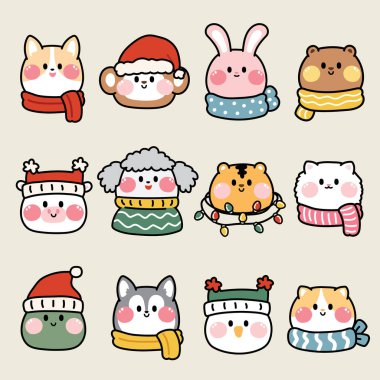 Mutlu noel konseptindeki bir grup sevimli hayvan. Evcil hayvan kış kıyafetleri koleksiyonu giyer. Yeni yıl. Çocuk grafik tasarımı..