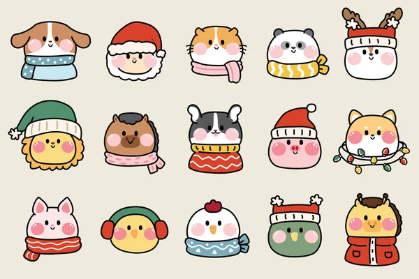 Conjunto Animais Bonitos Usar Roupas Inverno Feliz Natal Conceito Collection —  Vetores de Stock