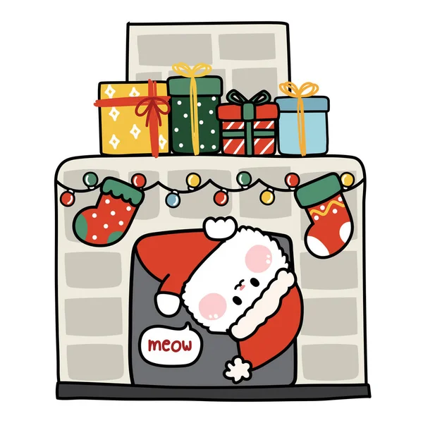 Şirin Kedi Noel Baba Hediye Kutusu Çorap Ile Bacada Mutlu — Stok Vektör