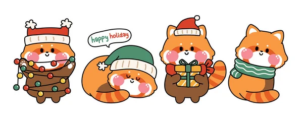 Set Von Niedlichen Roten Panda Cartoon Verschiedenen Poses Winter Kostüm — Stockvektor