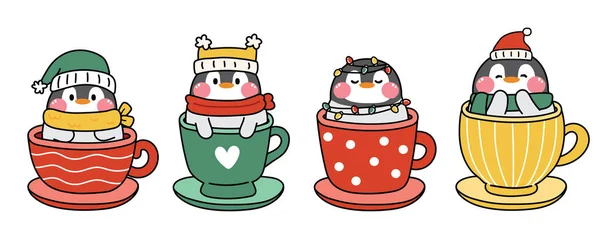 Set Von Niedlichen Pinguin Tragen Winterkleidung Bleiben Cup Merry Christmas — Stockvektor