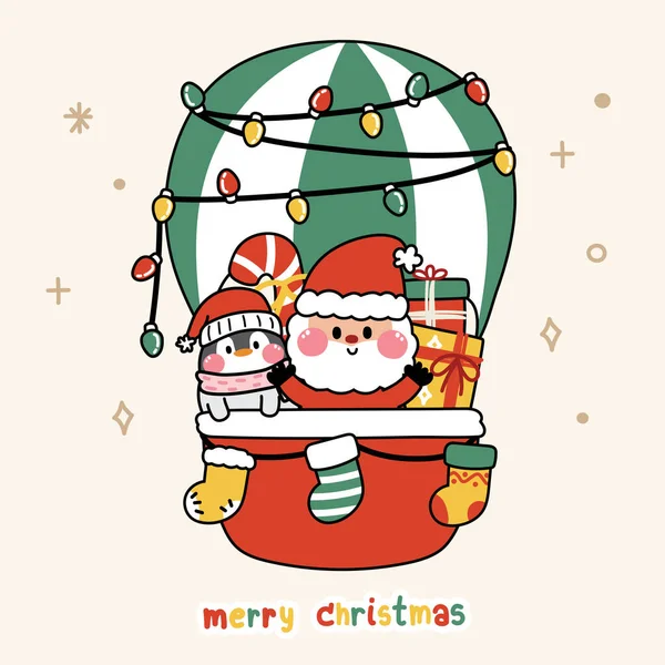 Cute Santa Claus Penguin Balloon Animal Character Cartoon Design Merry — Stock Vector