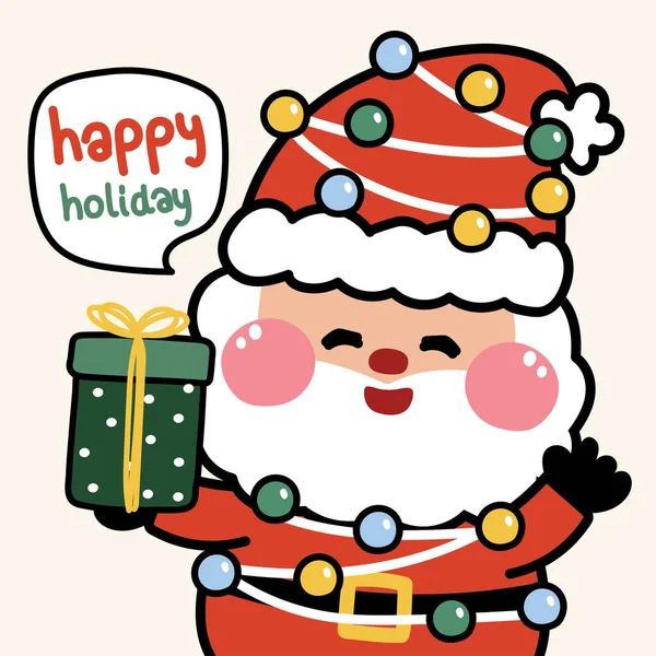 Cute Santa Claus Holds Gift Happy Holiday Text Merry Christmas — 스톡 벡터