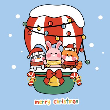 Şirin hayvanlar balonun içinde gökyüzünde neşeli bir yılbaşı yazısıyla beklerler. Penguen, tavşan, kırmızı panda çizgi filmi çizimi. Kış.Yeni yıl fextival.Kawaii.Vector.Illustration.