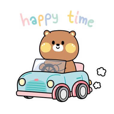 Mutlu zaman mesajı olan sevimli oyuncak ayı arabası. Hayvan karakteri çizimi. Seyahat, gezi, tatil konsepti. Kart, poster, bebek giysisi tasarımı..