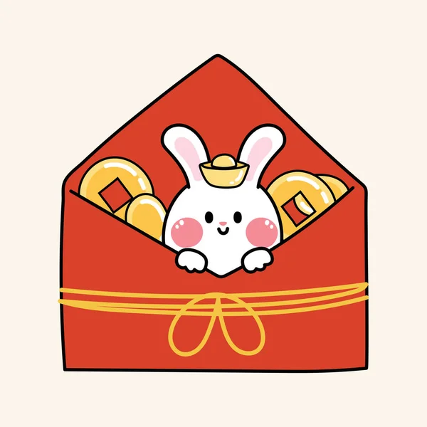 Симпатичный Кролик Красной Бумажной Почте Золотыми Монетными Деньгами — стоковый вектор