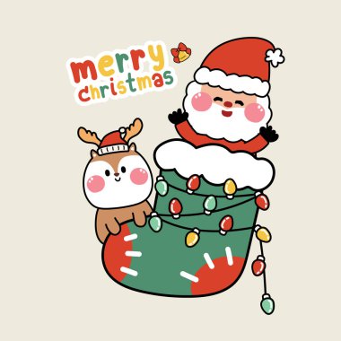 Çorapta geyik olan mutlu noel baba. Mutlu noeller. Yeni yıl festivali. Çizgi film karakteri el çizimi..