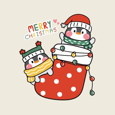 Çorap ve ışıklı şirin penguen kostümü. Hayvan karakteri tasarımı. Mutlu Noeller festivali. Kawai Vector..