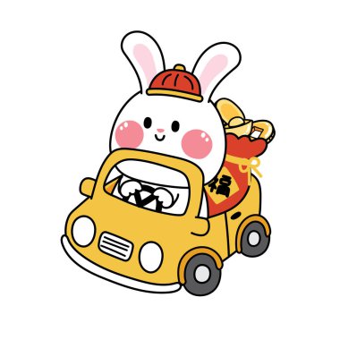 Sevimli tavşan Çin şapkası takıyor. Bozuk para çantalı araba kullanıyor. Çizgi film karakteri tasarımı. Yeni yıl konsepti..