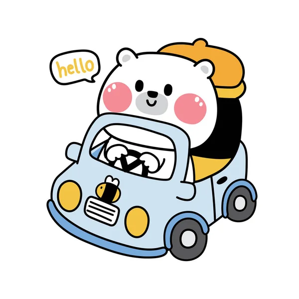 Χαριτωμένο Αρκουδάκι Οδηγούν Ένα Αυτοκίνητο Μέλι Και Μέλισσα Λευκό Φόντο — Διανυσματικό Αρχείο
