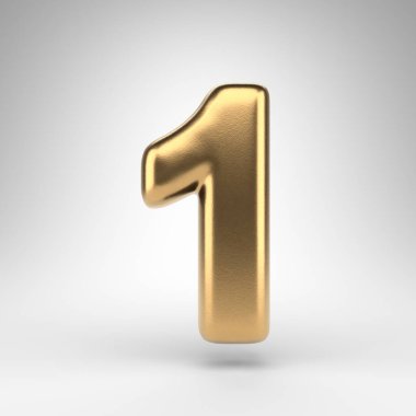 Beyaz arka planda bir numara. Parlak metal desenli altın 3D üretilmiş sayı.