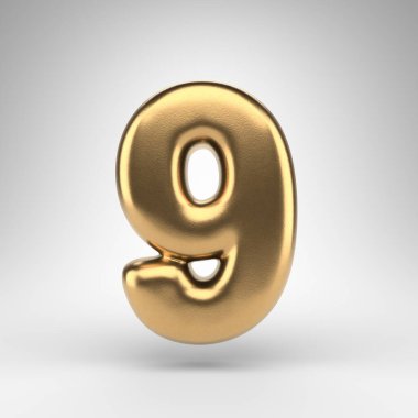 Beyaz arka planda 9 numara. Parlak metal desenli altın 3D üretilmiş sayı.