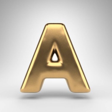 Beyaz arka planda büyük harf A. Parlak metal desenli altın 3D yazı tipi.