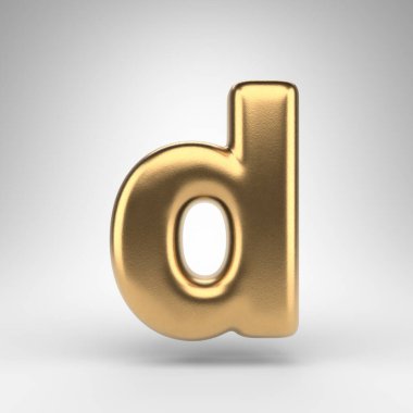 Beyaz arka planda D harfi küçük harf. Parlak metal desenli altın 3D yazı tipi.